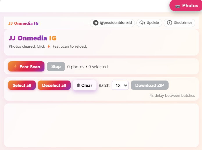 JJ OnMedia IG extension interface showing scan and download controls