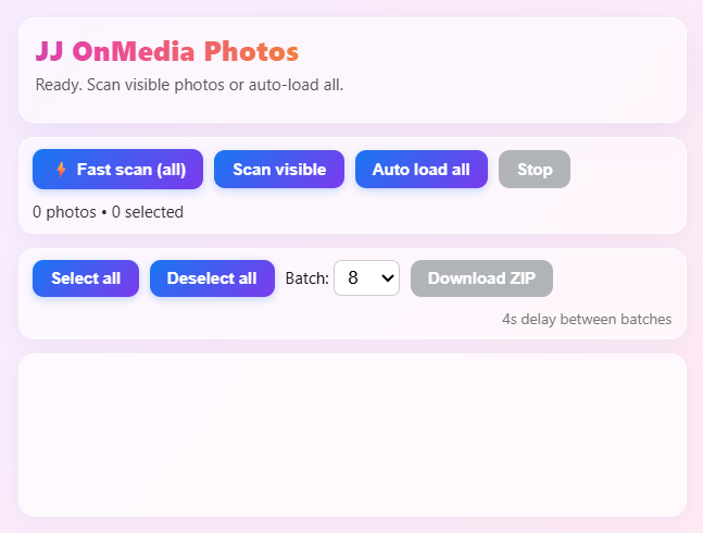 JJ OnMedia Photos extension interface showing scan and download controls