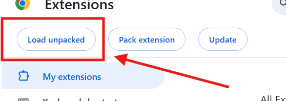 Load unpacked option highlighted on the Extensions page